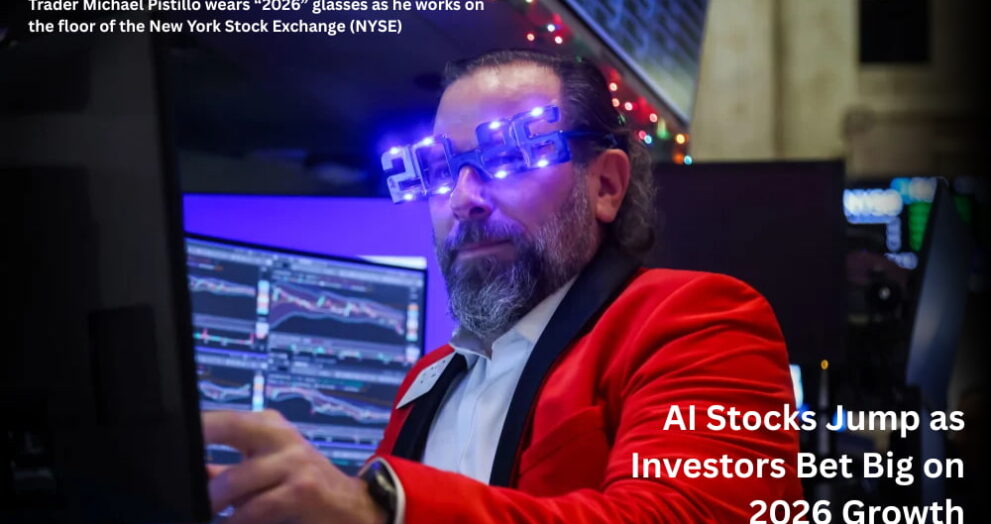Trader Michael Pistillo wears “2026” glasses as he works on the floor of the New York Stock Exchange (NYSE)