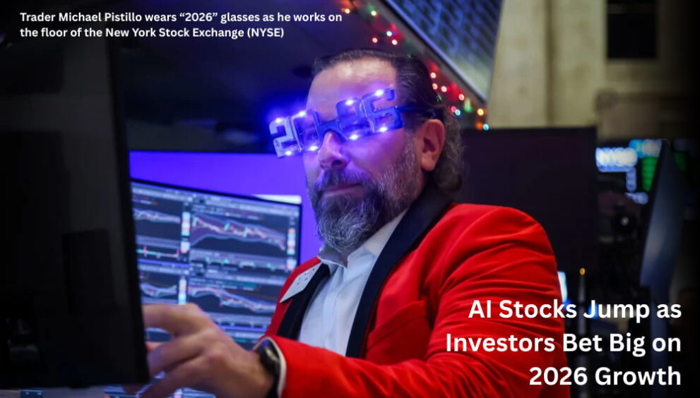 Trader Michael Pistillo wears “2026” glasses as he works on the floor of the New York Stock Exchange (NYSE)