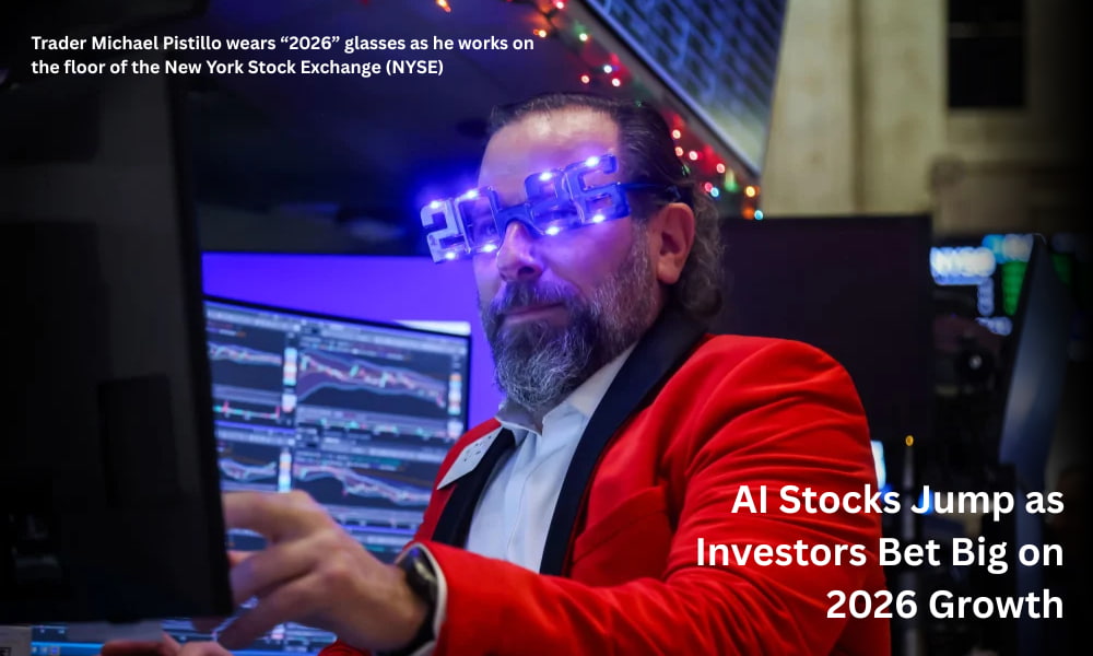 Trader Michael Pistillo wears “2026” glasses as he works on the floor of the New York Stock Exchange (NYSE)